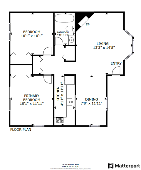 Floor plan for 2 beds, 1 bath, 721 sqft
